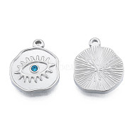 304 Stainless Steel Pendants, with Sapphire Rhinestone, Nuggets with Eye, Stainless Steel Color, 19x16x2.5mm, Hole: 1.2mm(STAS-N098-158P)