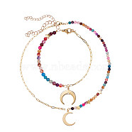 Brass Charm Bracelet & Pendant Necklace Sets, with Dyed Natural Agate Beads and 304 Stainless Steel Lobster Claw Clasps, Moon, Golden, Golden, 7-7/8 inch(20cm), 15.75 inch(40cm)(SJEW-SZ0001-008G)