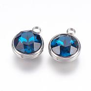K9 Glass Rhinestone Pendants, September Birthstone Charms, with 304 Stainless Steel Findings, Flat Round, Dodger Blue, 18x14x9mm, Hole: 2.5mm(STAS-F123-26D)