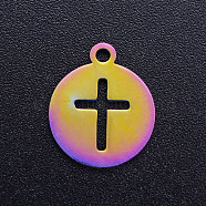 Ion Plating(IP) 201 Stainless Steel Charms, Flat Round with Cross, Rainbow Color, 14x12x1mm, Hole: 1.5mm(STAS-Q201-JN182)
