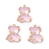 Transparent Resin Crystal Rhinestone Pendants, Bear Charms, with Rack Plating Real 14K Gold Plated Brass Findings, Cadmium Free & Lead Free, Pearl Pink, 23x20.5x10mm, Hole: 1.8mm(KK-H438-04G-03)