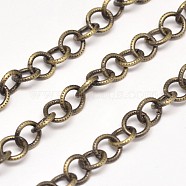 Electroplate Iron Cable Chains, Textured, Soldered, with Spool, Oval, Lead Free & Nickel Free, Antique Bronze, 7x1mm, about 98.42 Feet(30m)/roll(CH-M002-07AB-FF)