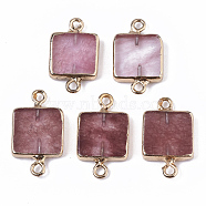 Natural Strawberry Quartz Links connectors, with Edge Golden Plated Iron Loop, Square, 20~21x12.5x3mm, Hole: 1.5mm(G-T131-11F)