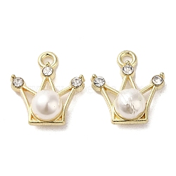 Alloy with Rhinestone Pendants, with ABS Imitation Pearl, Crown Charms, Golden, 18.5x17x7.5mm, Hole: 2mm(FIND-B032-25G)