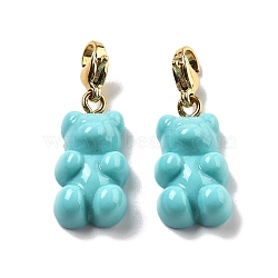 Bear Resin Pendant Decorations, 304 Stainless Steel Lobster Claw Clasp Ornaments, Ion Plating(IP), Real 14K Gold Plated, Dark Turquoise, 30.5mm(STAS-M092-01G-04)