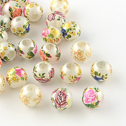 Rose Flower Pattern Printed Round Glass Beads, Imitation Pearl Beads, Mixed Color, 10x9mm, Hole: 1.5mm(GFB-R005-10mm-A)