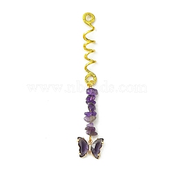 Alloy Dreadlocks Beads, Butterfly Glass and Natural Amethyst Chips Braiding Hair Pendants Decoration Clips, for Hair Styling, 113mm, Hole: 4.5mm, Inner Diameter: 8mm(OHAR-JH00030-07)