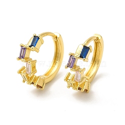 Cubic Zirconia Rectangle Hoop Earrings, Real 18K Gold Plated Brass Jewelry for Women, Cadmium Free & Nickel Free & Lead Free, Colorful, 14x14x2~5mm, Pin: 0.7mm(EJEW-E270-26G)