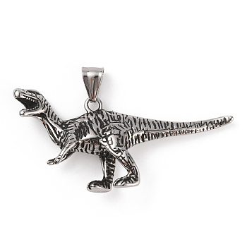 304 Stainless Steel Big Pendants, with 201 Stainless Steel Snap on Bails, Dinosaur Charms, Antique Silver, 28x62.5x10.5mm, Hole: 9x5mm