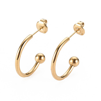 304 Stainless Steel Stud Earrings, Half Hoop Earrings, with Round Beads and Ear Nuts, Semicircular, Real 14K Gold Plated, 20x23x2mm, Pin: 0.8mm