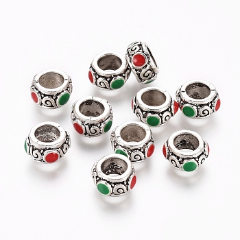 Tibetan Style Alloy European Beads, Large Hole Beads, with Enamel, Rondelle, Antique Silver, 9x5mm, Hole: 5mm