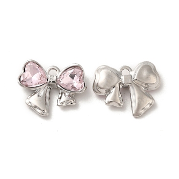 Rack Plating Alloy Charms, Nickel Free, with Glass, Bowknot with Heart Charms, Platinum, Pink, 13x16.5x4mm, Hole: 1.6mm