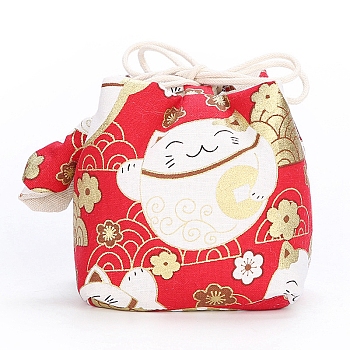 Chinese Style Printed Cotton Packing Pouches Drawstring Bags, Square, Red, 10x11cm
