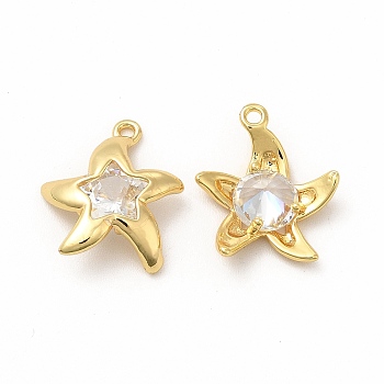 Rack Plating Brass Micro Pave Cubic Zirconia Pendants, Real 18K Gold Plated, Long-Lasting Plated, Starfish Charm, Real 18K Gold Plated, 15.5x13x4mm, Hole: 1.2mm