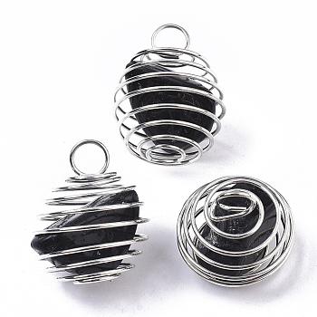 Iron Wrap-around Spiral Bead Cage Pendants, with Natural Black Tourmaline Beads inside, Round, Platinum, 21x24~26mm, Hole: 5mm
