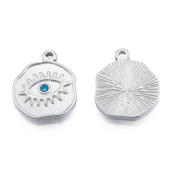304 Stainless Steel Pendants, with Sapphire Rhinestone, Nuggets with Eye, Stainless Steel Color, 19x16x2.5mm, Hole: 1.2mm