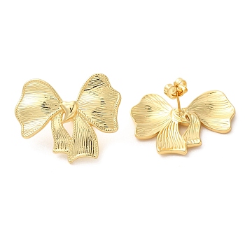 Real 18K Gold Plated Brass Stud Earrings, Long-Lasting Plated, Cadmium Free & Lead Free, Bowknot, 26.5x31.5mm