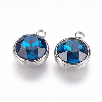 K9 Glass Rhinestone Pendants, September Birthstone Charms, with 304 Stainless Steel Findings, Flat Round, Dodger Blue, 18x14x9mm, Hole: 2.5mm