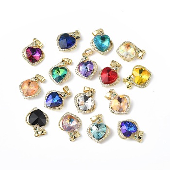 Real 18K Gold Plated Rack Plating Brass Micro Pave Clear Cubic Zirconia Pendants, with Glass, Long-Lasting Plated, Cadmium Free & Lead Free, Heart Charm, Mixed Color, 21.5x17x8mm, Hole: 5x3.2mm