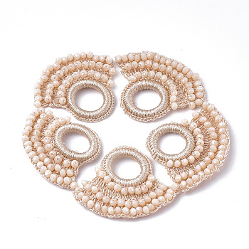 Glass Woven Pendants, Polyester Thread Covered with CCB Plastic Findings, Faceted, Fan, PeachPuff, 46~51x54~59x5mm, Hole: 16.5mm