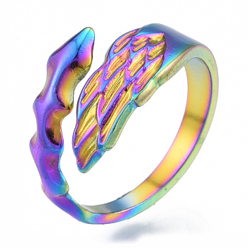 Ion Plating(IP) 304 Stainless Steel Leaf Cuff Rings, Open Rings for Women Girls, Rainbow Color, US Size 6(16.9mm)