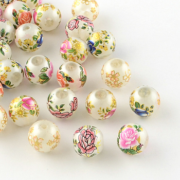 Rose Flower Pattern Printed Round Glass Beads, Imitation Pearl Beads, Mixed Color, 10x9mm, Hole: 1.5mm