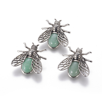 Natural Green Aventurine Brooches, with Alloy Findings, Cicada, Antique Silver, 38x36x8mm, Pin: 0.6mm