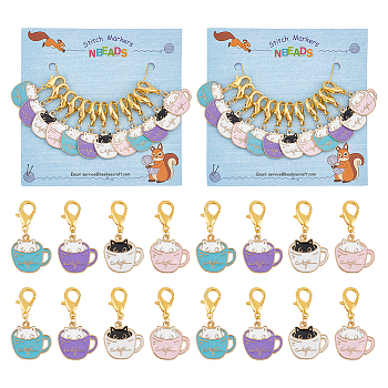 Alloy Enamel Pendant Locking Stitch Markers, with Zinc Alloy Lobster Claw Clasps Stitch Marker, Cup with Cat, Mixed Color, 2.6cm, 4 colors, 3pcs/color, 12pcs/set
