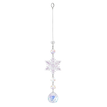 AB Color Glass Snowflake Pendant Decorations, Glass Charms and Iron Ring Suncatcher Window Hanging Ornament, Round, 275mm