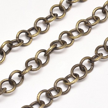 Electroplate Iron Cable Chains, Textured, Soldered, with Spool, Oval, Lead Free & Nickel Free, Antique Bronze, 7x1mm, about 98.42 Feet(30m)/roll