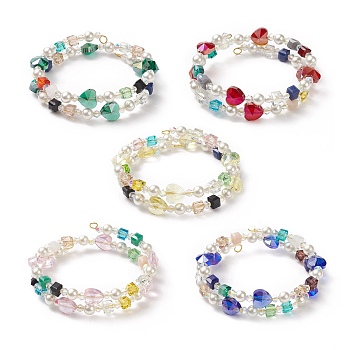 Glass Beads Three Loops Wrap Bracelets, Shell Pearl Bead Bracelet for Women, Mixed Color, Inner Diameter: 2-1/8 inch(5.5cm)