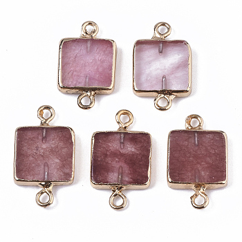 Natural Strawberry Quartz Links connectors, with Edge Golden Plated Iron Loop, Square, 20~21x12.5x3mm, Hole: 1.5mm