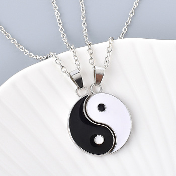 2Pcs Yin-yang Alloy Black and White Enamel Pendant Necklaces Set for Couple Friends, Platinum, 19.69 inch(50cm)