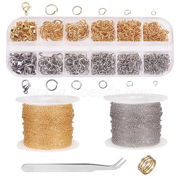 DIY Chain Jewelry Making Kits, include 304 Stainless Steel Jump Rings & Lobster Claw Clasps & Cable Chains, Stainless Iron Tweezers, Brass Assistant Ring, Mixed Color, Cable Chains: 2x1.5~1.6x0.4mm, 10m/set(DIY-CJ0001-28)