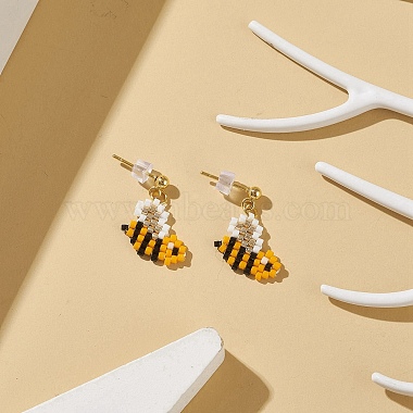 Glass Seed Braided Bees Dangle Stud Earrings(EJEW-MZ00011)-3