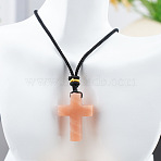 Natural Pink Aventurine Cross Pendant Black Cotton Cord Necklaces, 25.20 inch(64cm)(FS-WG3ED65-11)