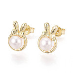 Brass & Natural Pearl Stud Earrings, Rabbit, Real 18K Gold Plated, 12x8mm(PEAR-N020-WX05)