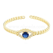 Cubic Zirconia Horse Eye Open Cuff Bangle, Real 18K Gold Plated Brass Jewelry for Women, Medium Blue, Inner Diameter: 2x2-3/8 inch(5.2x6.1cm)(BJEW-G651-04G-02)