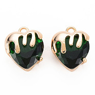 Brass Micro Pave Cubic Zirconia Charms, Real 18K Gold Plated, Nickel Free, Heart, Dark Green, 13x11x7.5mm, Hole: 1.6mm(KK-N232-302A-07)