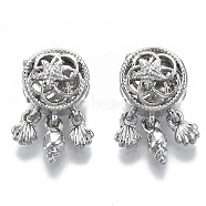 Flat Round with Flower Alloy European Beads, Large Hole Beads, with Shell Shape Charms, Platinum, 19x11x10mm, Hole: 5mm, Shell: 6x4x2mm, Spiral: 8x4x3mm(MPDL-N039-033P)