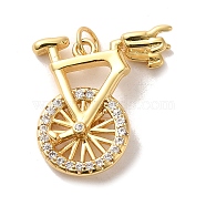 Brass Cubic Zirconia Pendants, with Jump Ring, Bicycle, Real 14K Gold Plated, 21.5x22x8mm, Hole: 3.5mm(KK-M278-16G)