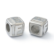 304 Stainless Steel European Beads, Large Hole Beads, Horizontal Hole, Cube with Letter, Stainless Steel Color, Letter.F, 8x8x8mm, Hole: 4mm(STAS-H145-01F-P)