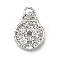 Rack Plating Brass Micro Pave Cubic Zirconia Pendants, Long-Lasting Plated, Lead Free & Cadmium Free, Lock Charms, with Jump Ring, Platinum, 14x11x2mm, Hole: 3mm(KK-K392-43P)