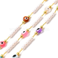 Handmade Brass Cable Chains, with Glass & CCB Evil Eye & Imitation Pearl Beads, Long-Lasting Plated, Golden, Soldered, with Spool, Colorful, 6x4mm(CHC-E023-03G)