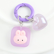 Luminous Resin Keychain, with Iron Key Rings, Glow In The Dark, Heart & Square with Rabbit, Lilac, 2.1x1.8cm(LUMI-PW0001-203A)
