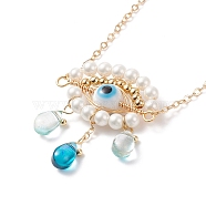 Shell Pearl & Lampwork Braided Horse Eye Pendant Necklace, Brass Jewelry for Women, Golden, 17.83 inch(45.3cm)(NJEW-TA00037)