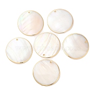 Natural Freshwater Shell Pendants, Golden Plated Brass Edged Flat Round Charms, 40x2.5mm, Hole: 2mm(SHEL-F007-24)