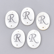 Freshwater Shell Links connectors, with Brass Findings, Oval with Letter, Letter.R, 25.5x19x3mm, Hole: 1.2mm(SHEL-S274-23R-P)