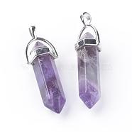 Natural Amethyst Double Terminated Pointed Pendants, with Platinum Tone Alloy Findings, Bullet, 41~43x8.5x7.5mm, Hole: 3.5x4.5mm(G-S240-10)