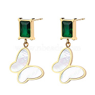 Stainless Steel Pave Green Cubic Zirconia Stud Earrings, Butterfly Dangle Earrings for Women, Golden(NH7651-1)